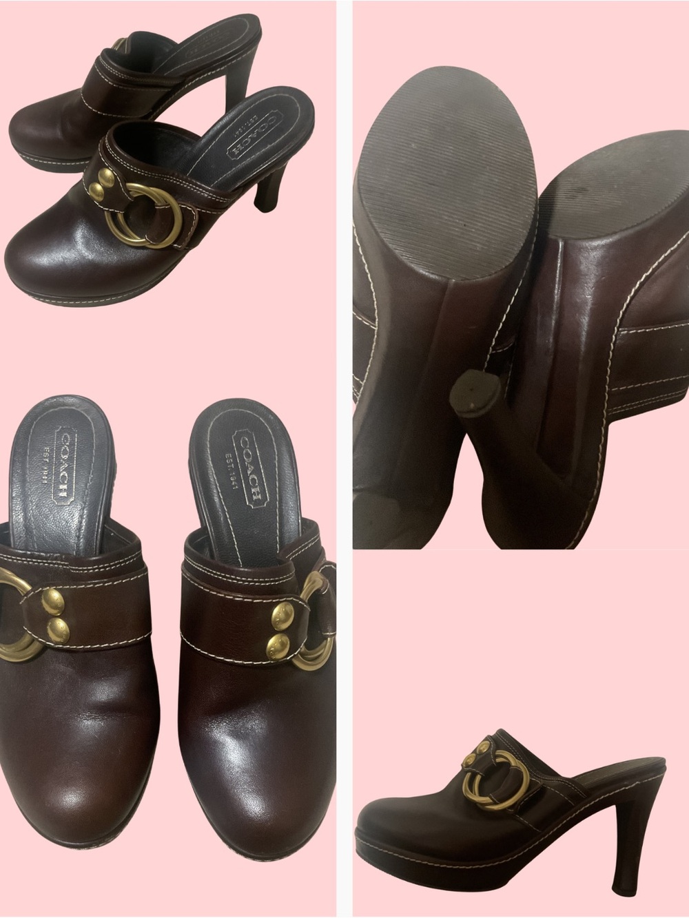 Vintage Coach Dark Brown Leather Ring-Accent High Heel Clogs SIZE 9.5